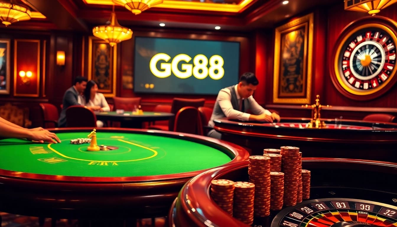 Experience exciting gameplay at https://gg88.biz/ with vibrant casino games, poker tables, and roulette wheel.