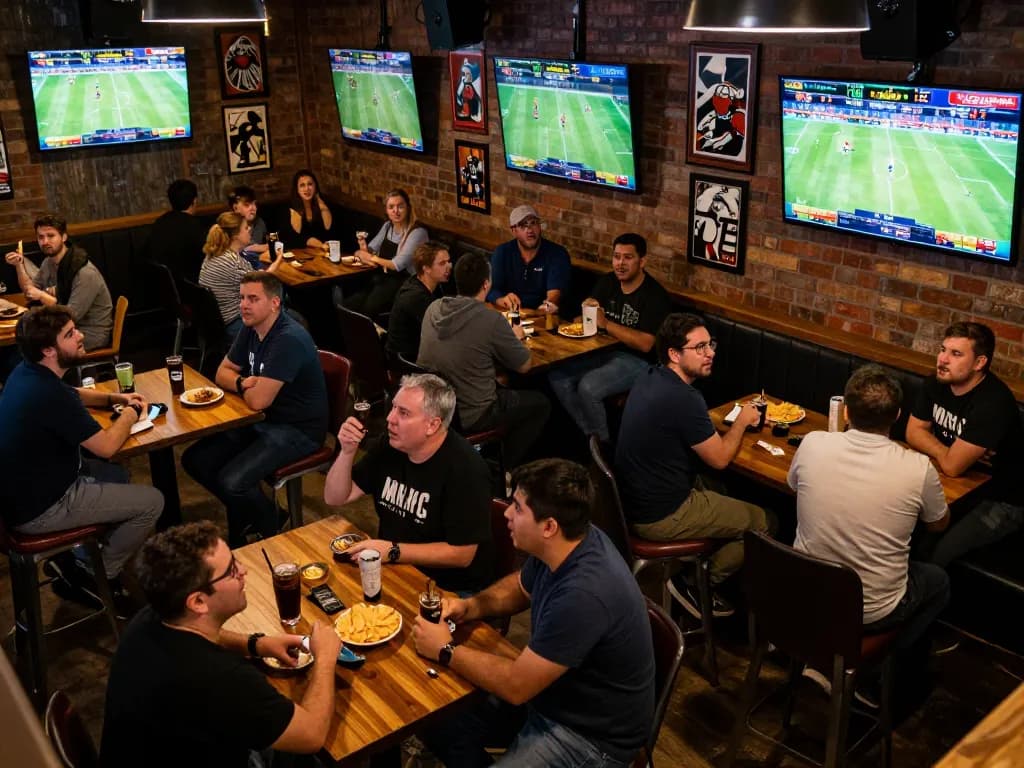Patrons engaging in exciting sports betting at 23win, placing bets on live events in a vibrant sports bar setting.