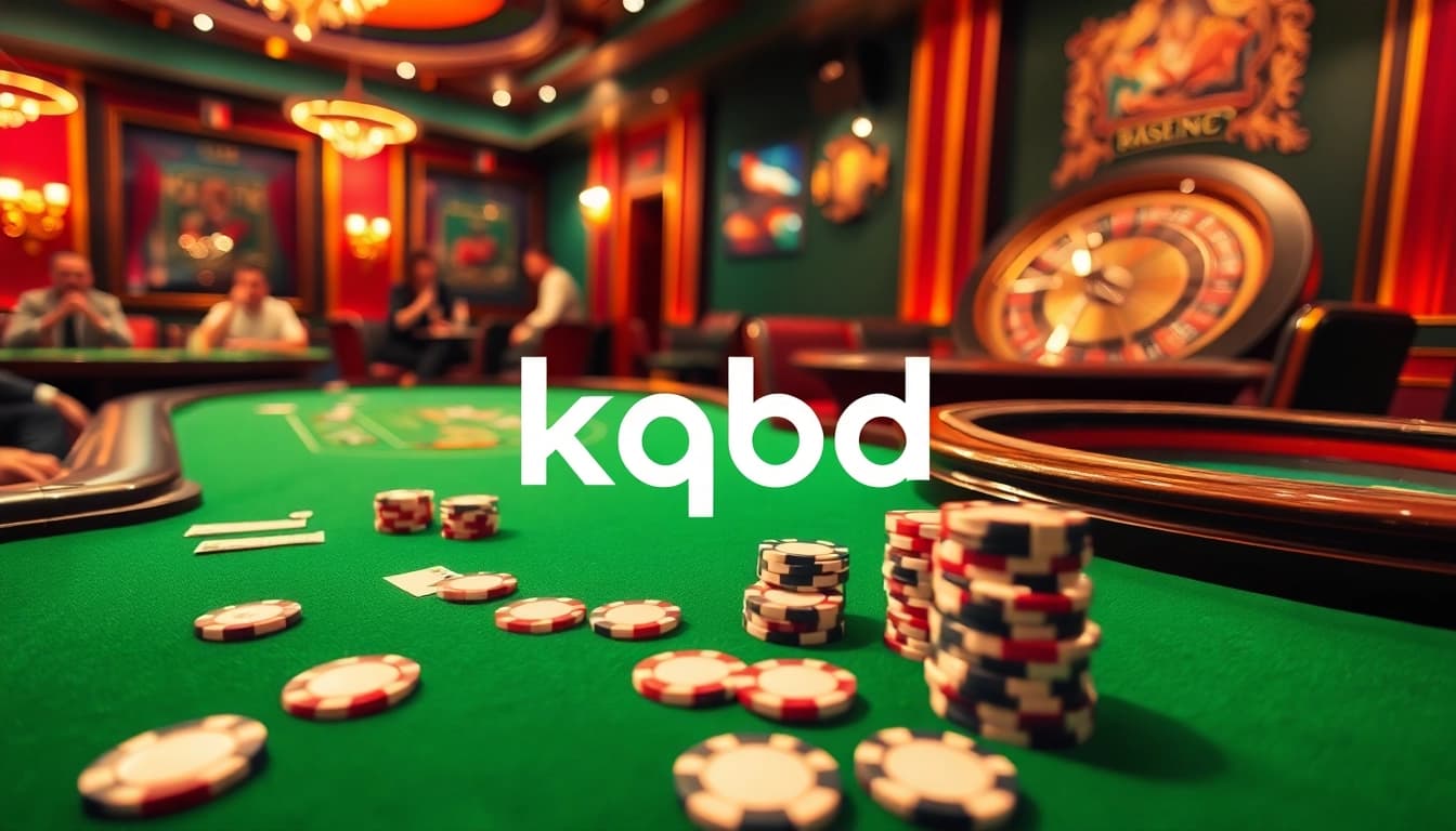 KQBĐ sports betting, vibrant casino tables with poker chips and a roulette wheel, showcasing luxury.