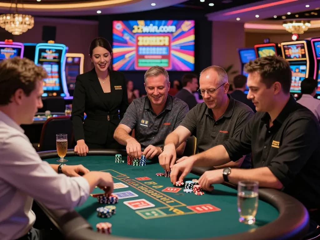 Dynamic casino scene showcasing players engaging at 32win.com with vibrant atmosphere and gaming excitement.