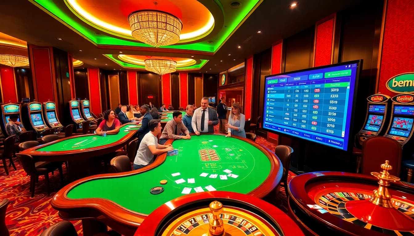 Players enjoying a thrilling gaming experience at bem88 casino with vibrant tables and slot machines.