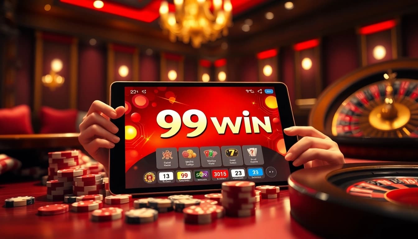 Players engaging with the 99win app in a luxurious casino, surrounded by chips and dice.