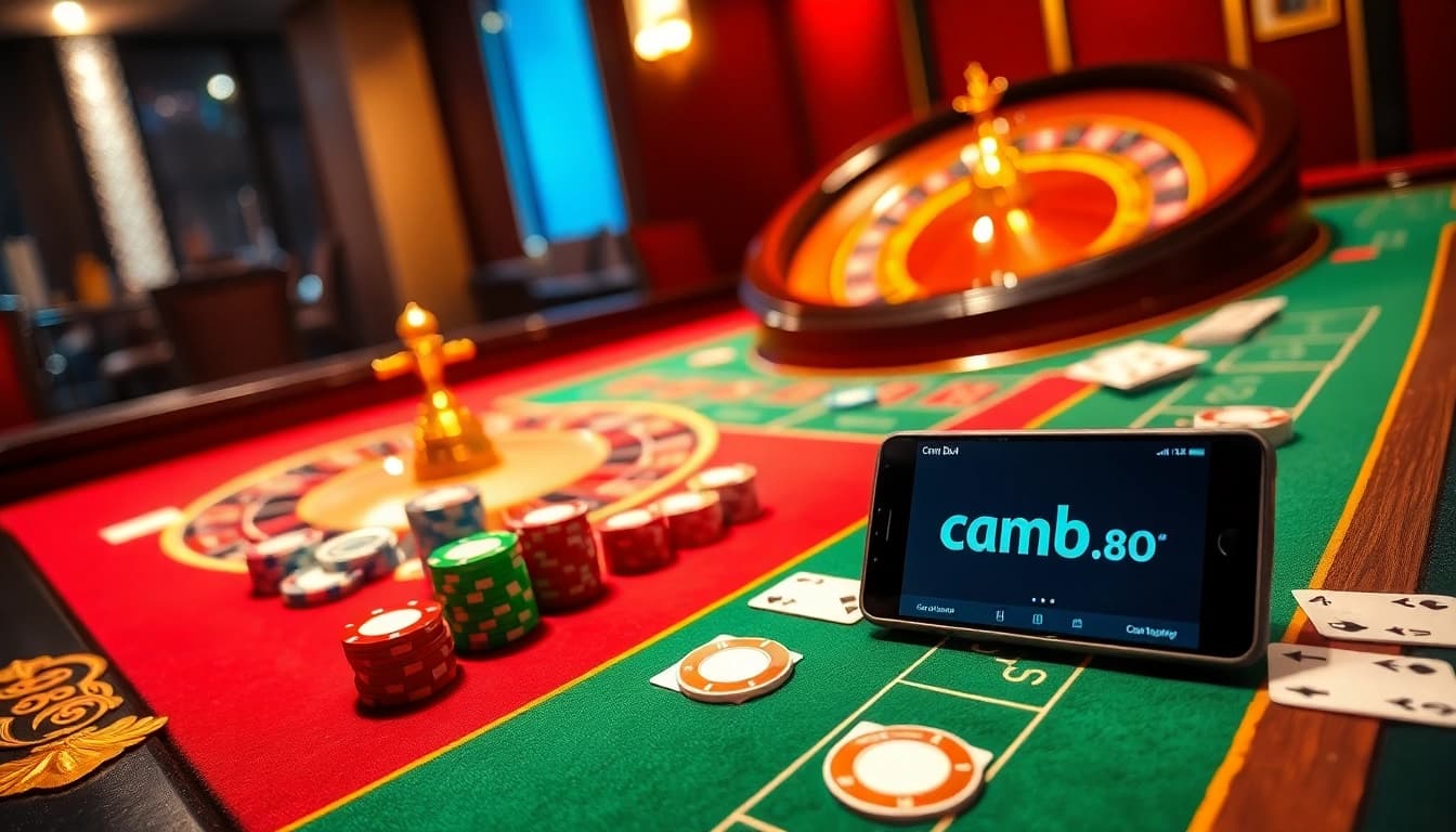 Experience high-stakes thrills at cm88.com with a vibrant casino table, cards, and roulette wheel.