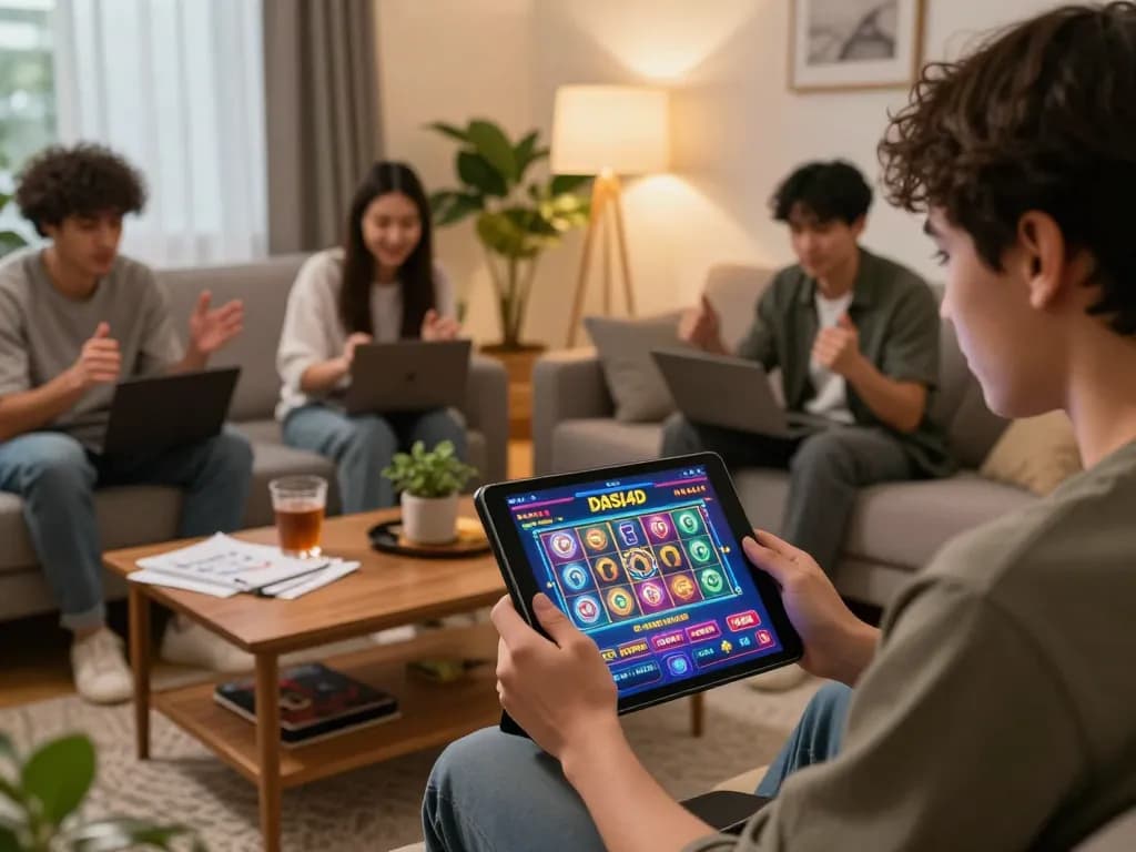 Pemain kasino online DASI4D yang terlibat dengan permainan slot di lingkungan rumah yang nyaman.