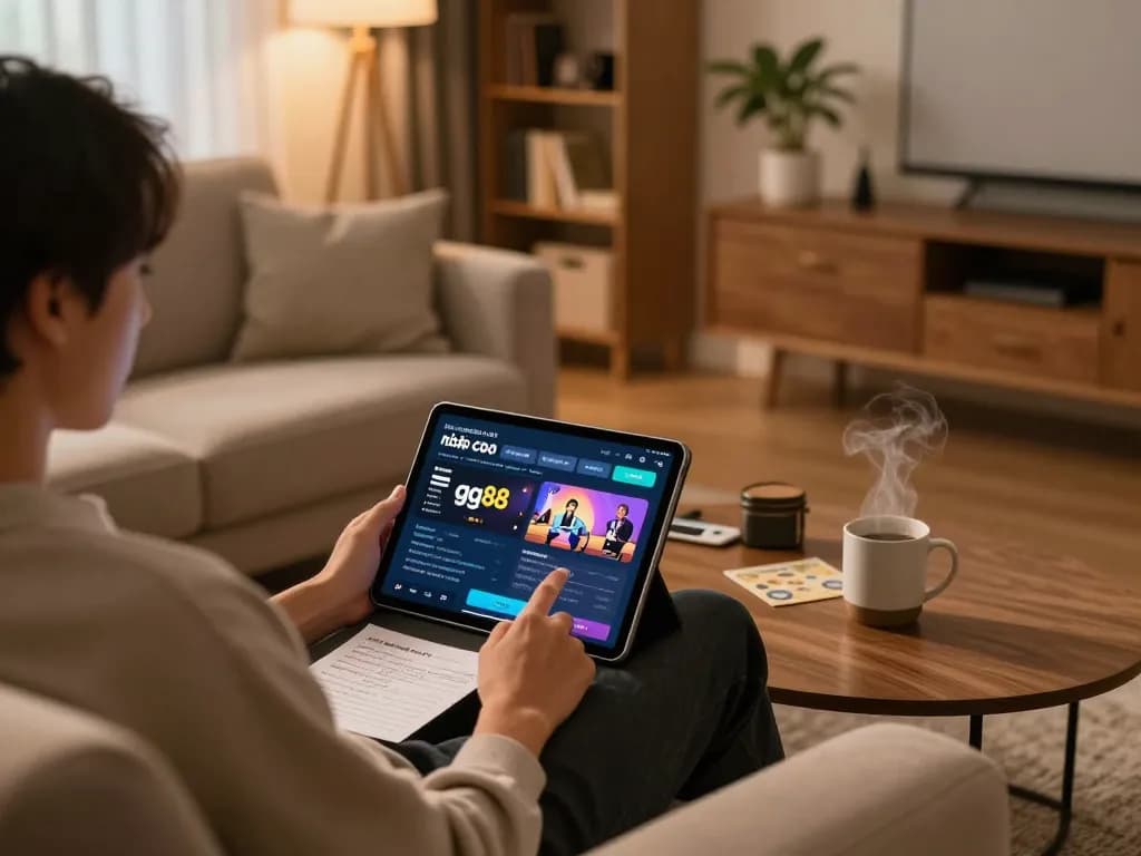 Person engaging with the nhà cái gg88 online platform on a tablet in a cozy home atmosphere.