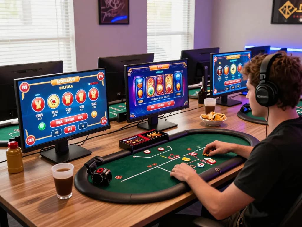 Player enjoying intense poker gameplay on multiple screens at home, highlighting gi88 online gaming experience