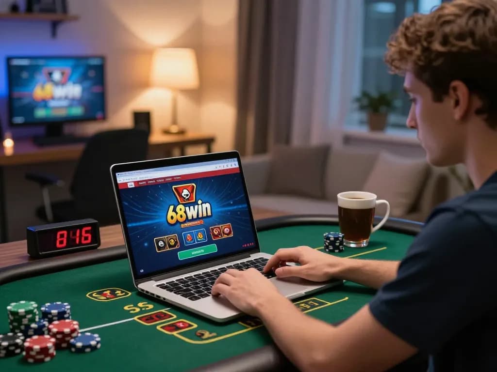 A player using the 68win online casino platform on a laptop at home, surrounded by poker chips and a coffee mug, reflecting a strategic gaming atmosphere.