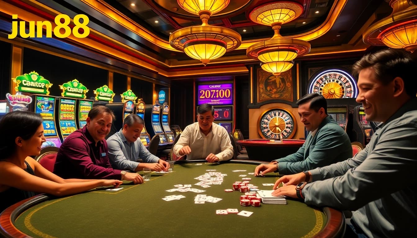 Experience exhilarating gameplay at jun88 2 casino with players enjoying cards and dice.