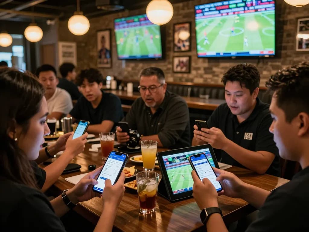 Excited customers placing bets using the Fun88 app during a sports betting event in a vibrant sports bar