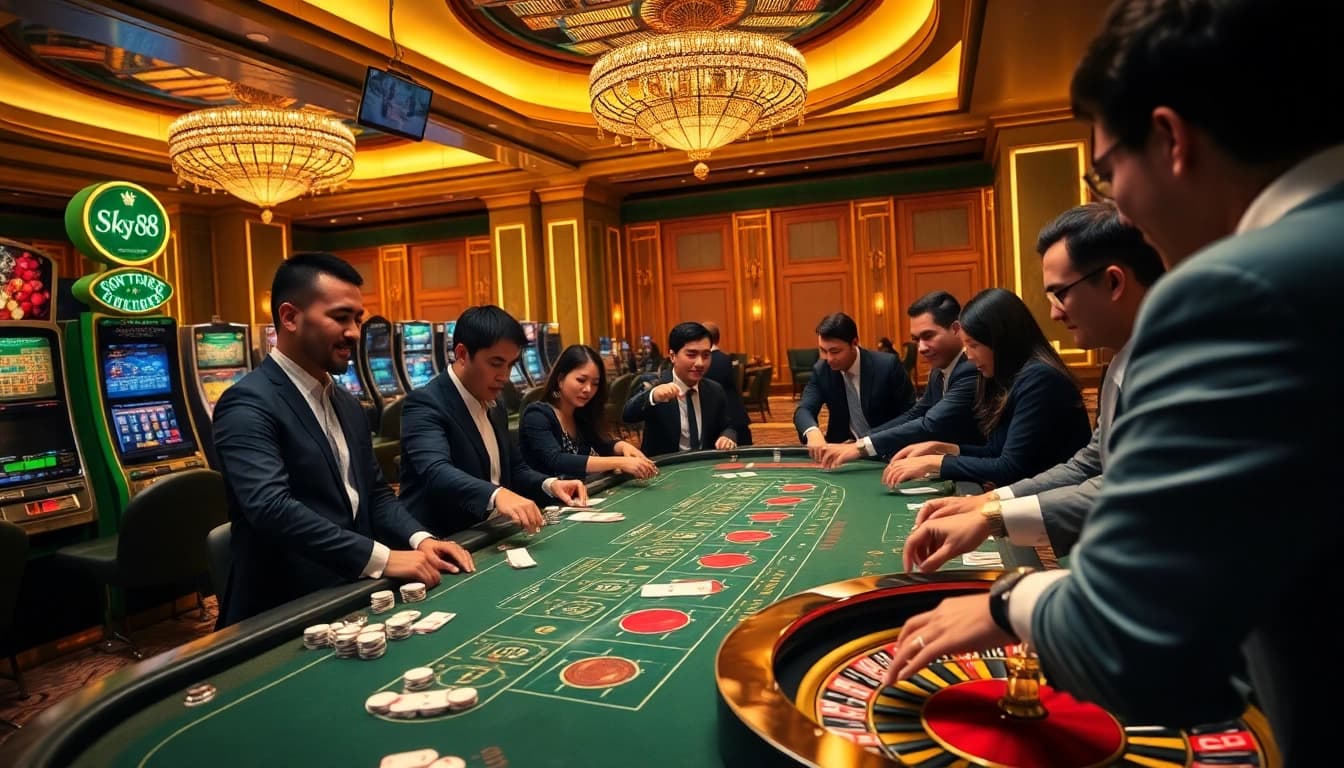 Action-packed gaming environment featuring luxurious tables and players enjoying sky 88 casino games.