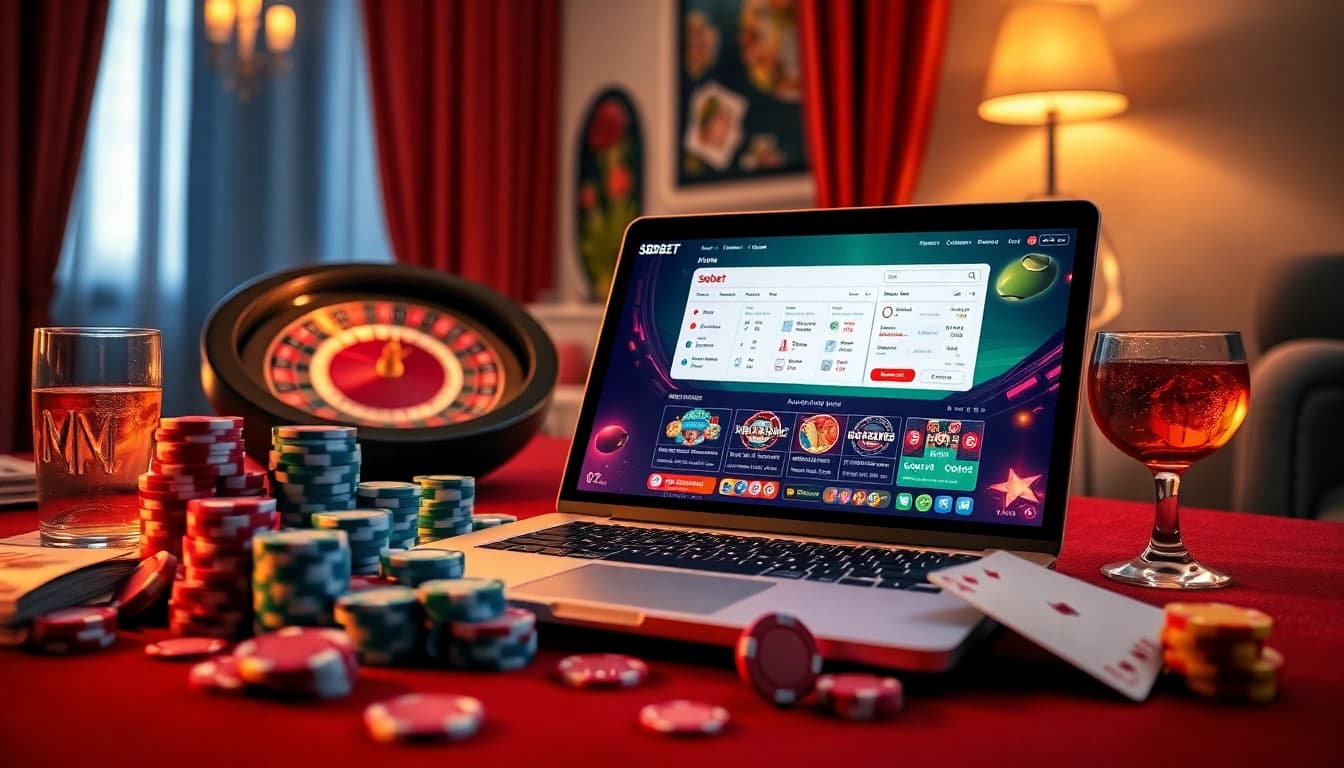 Screenshot of sbobet login indonesia interface surrounded by poker chips and cards for an engaging gambling experience.