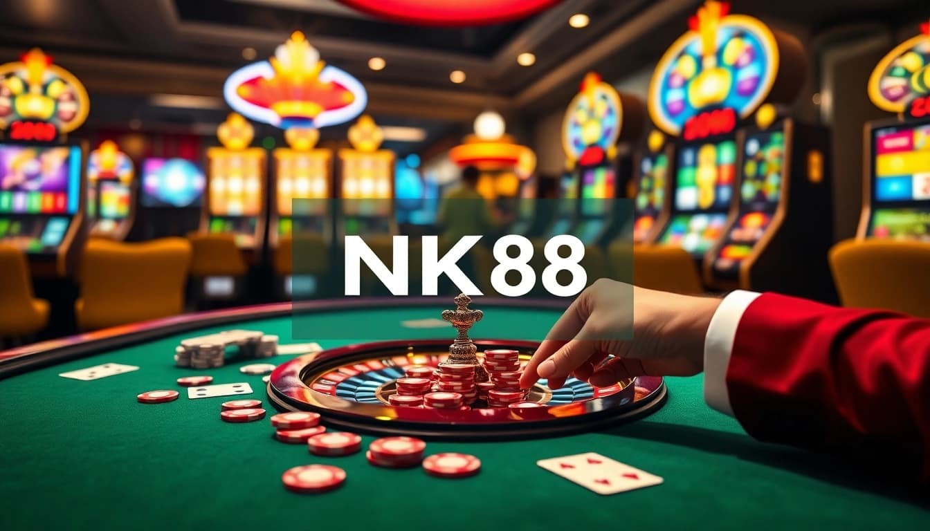 Professional gambler strategically placing bets at nhà cái NK88 casino table with poker chips and cards