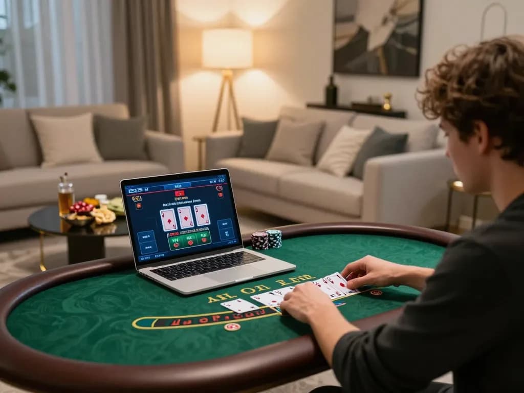 Player enjoying blackjack on laptop at home while strategically managing their bets with 789P