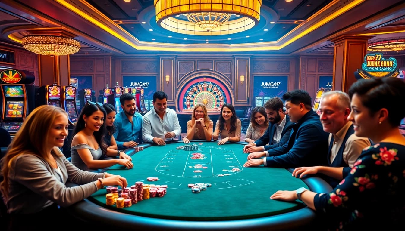 Experience thrilling gameplay at JURAGAN77, featuring vibrant casino elements like poker chips and roulette wheels.