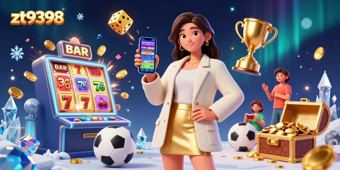 Experience thrilling wins with zt9398 as a beautiful Asian woman holds a sports betting app amidst a dynamic casino scene.