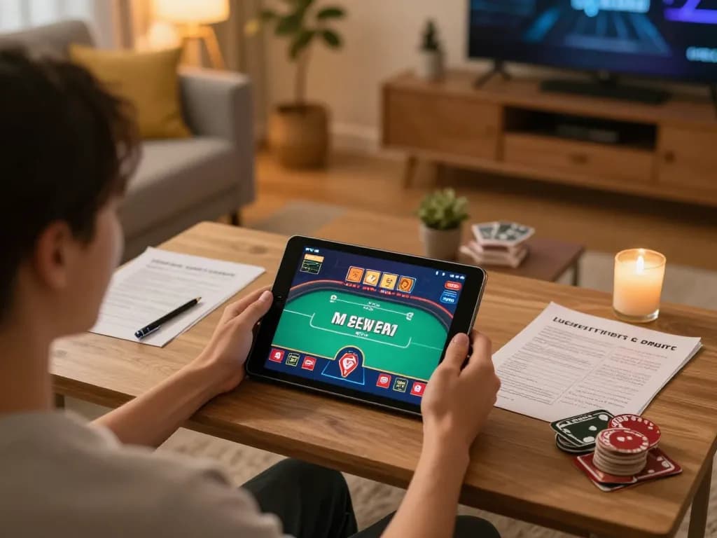 This guide to play casino without ROFUS showcases a cozy home gaming setup with online poker gameplay on tablet.