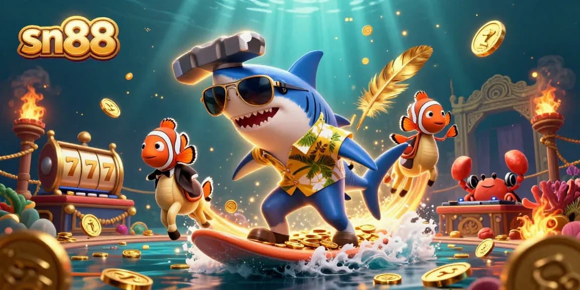 Join the excitement at sn88 with a vibrant underwater casino adventure featuring sharks and slots.
