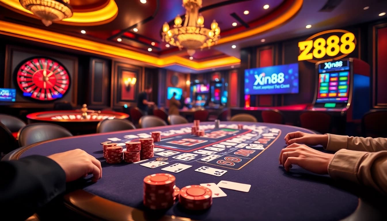 The excitement of gambling at Xin88 with vibrant casino gaming tables and modern slot machines.