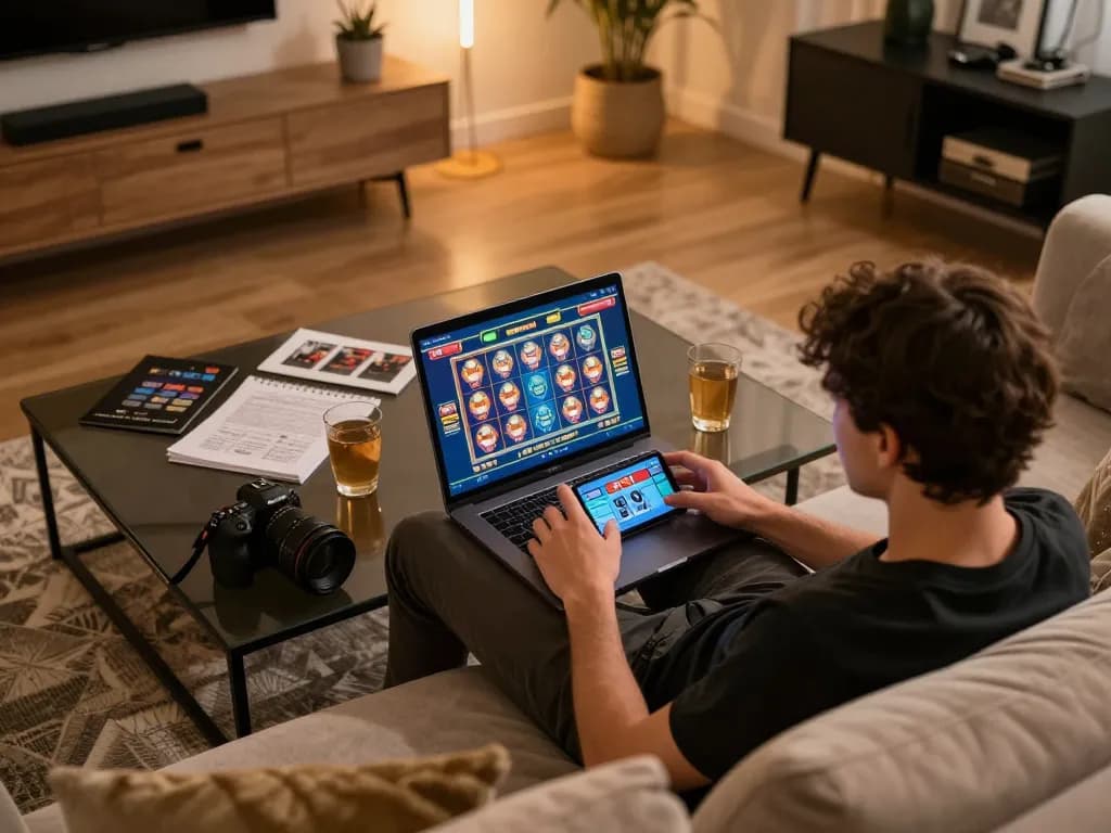 Bermain slot online di rumah dengan jus77 di laptop, menampilkan pengaturan yang nyaman.