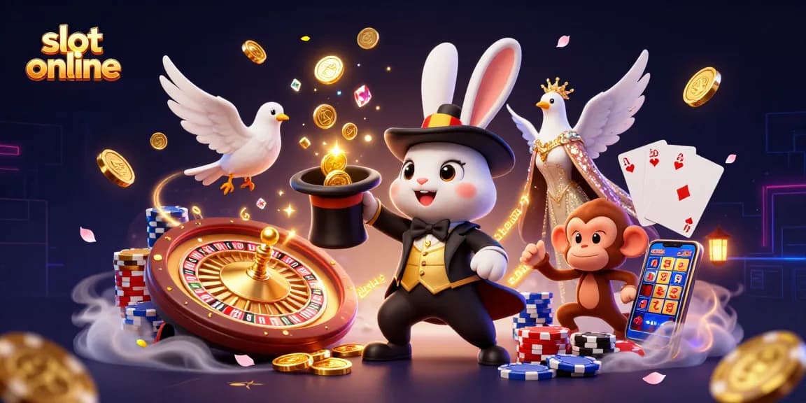 Experience immersive slot online action with a magician rabbit, colorful poker chips, and a smartphone displaying reels.