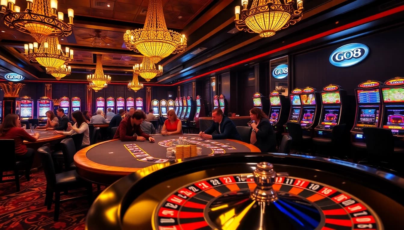 Players enjoying a spirited poker game at a casino table with GO8 symbols subtly featured.