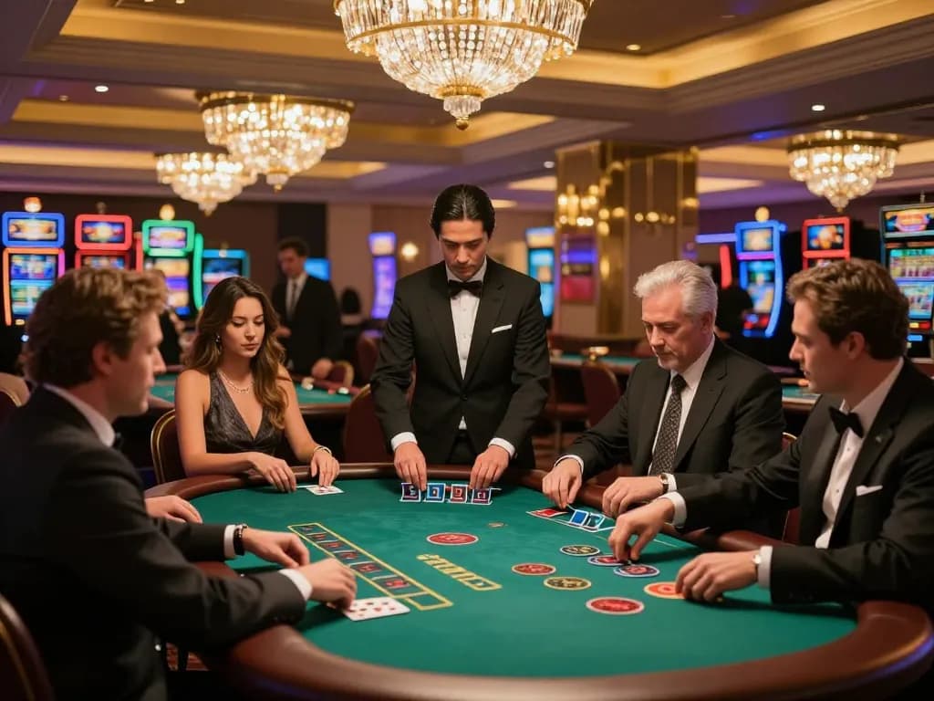 Players engaged in strategic blackjack at Jogoluck’s upscale casino, showcasing a vibrant gaming atmosphere.