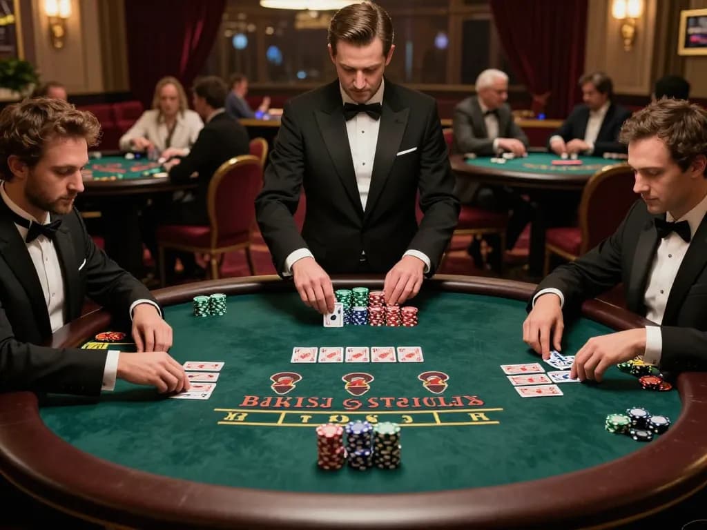 Engaging scene of players at link 45678 blackjack table, showcasing intense gameplay and casino atmosphere.
