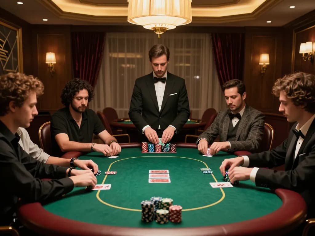 Players engage in a thrilling poker game at BK8's elegant casino, capturing the essence of high-stakes gambling