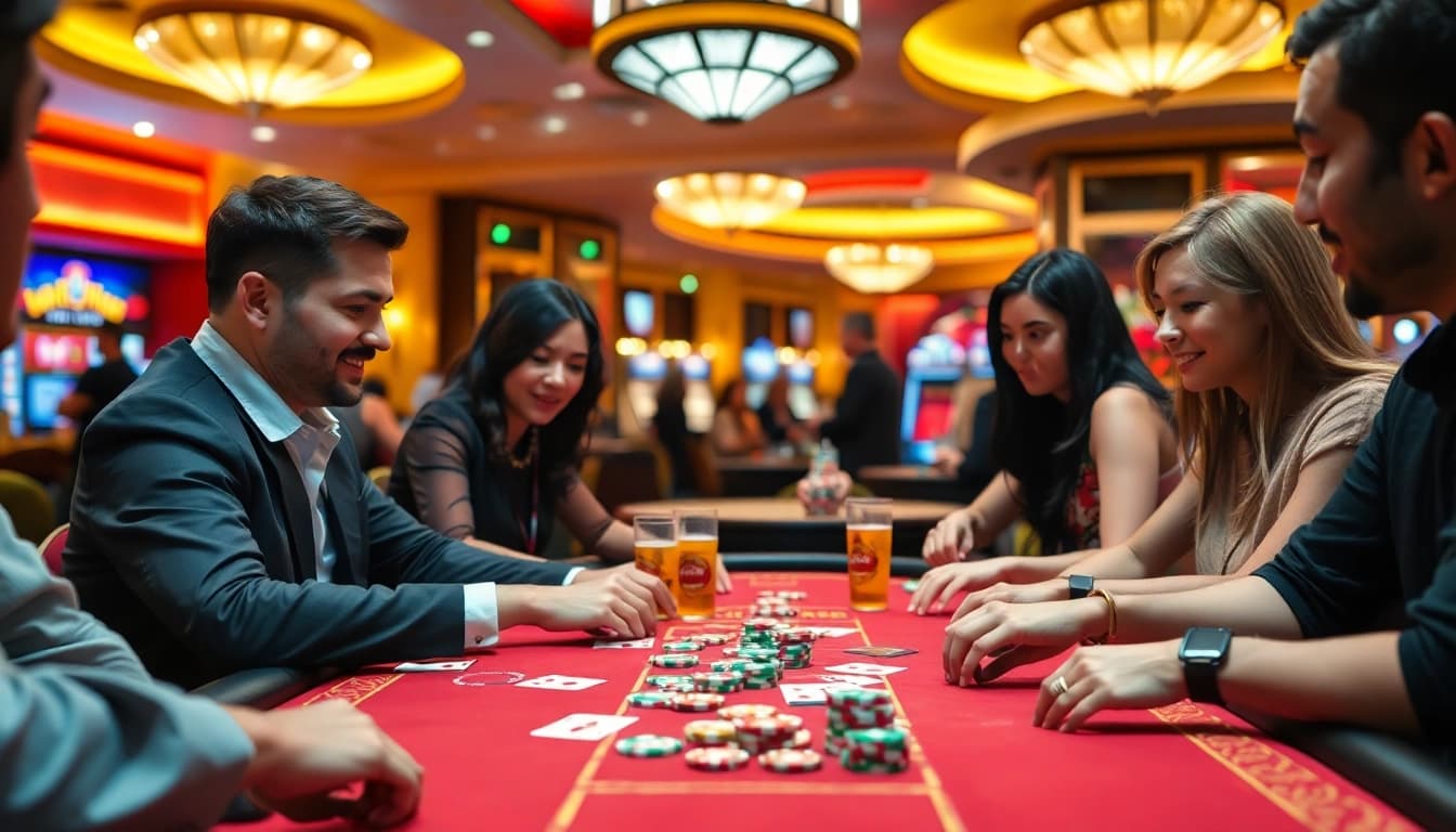 Casino spielen mit spannenden Spielern am Tisch und bunten Chips im Hintergrund.