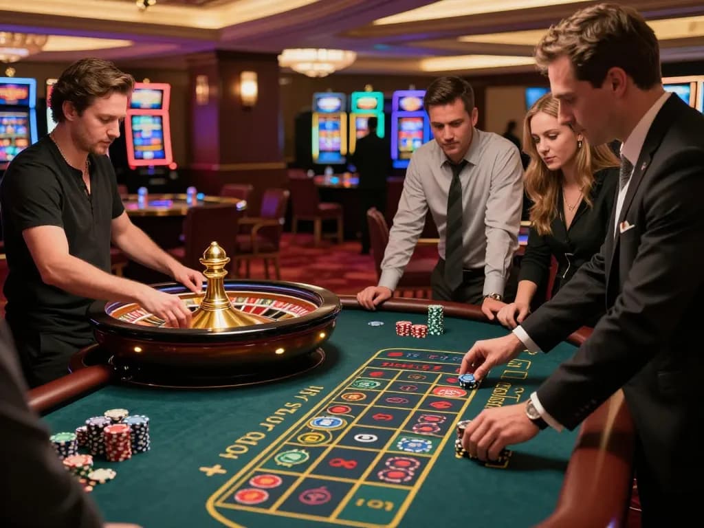 Engaged players make bets at the 388bet roulette table in a vibrant casino.