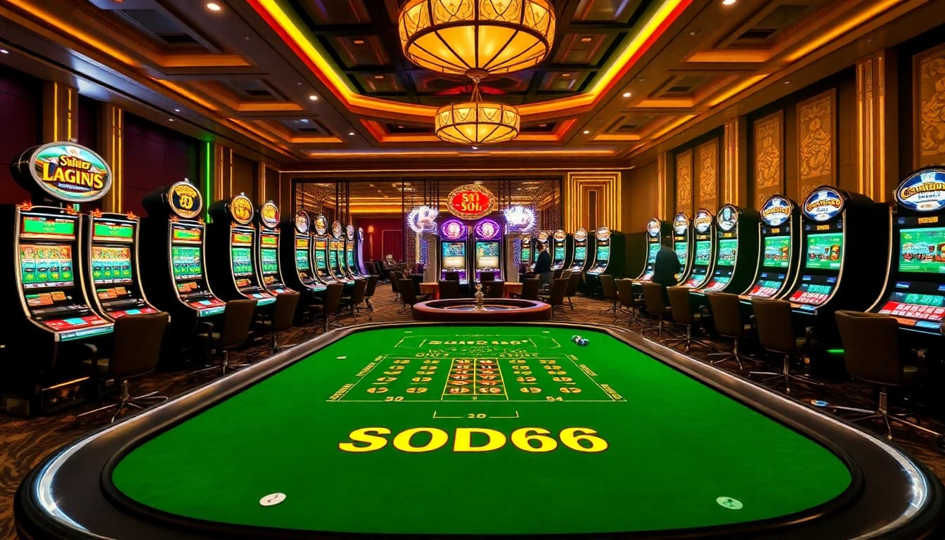 Engage with the thrilling atmosphere of SODO66 casino with lively gaming tables and vibrant slot machines.