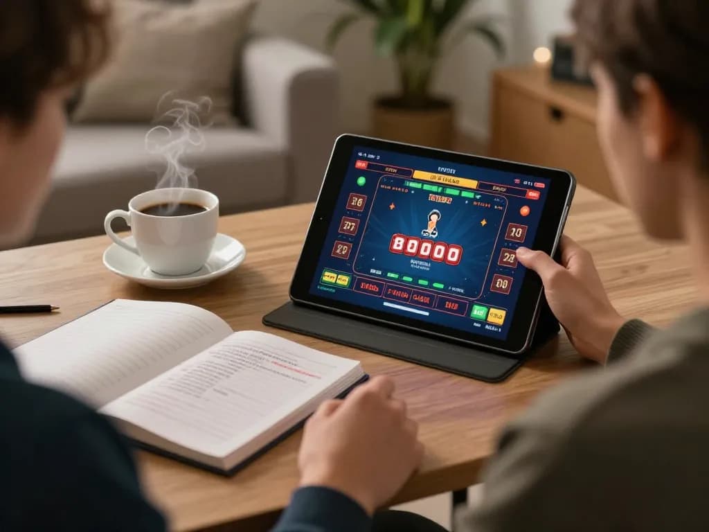 Engaging in online gambling at HARGATOTO with a live dealer game on tablet and strategic notes nearby.