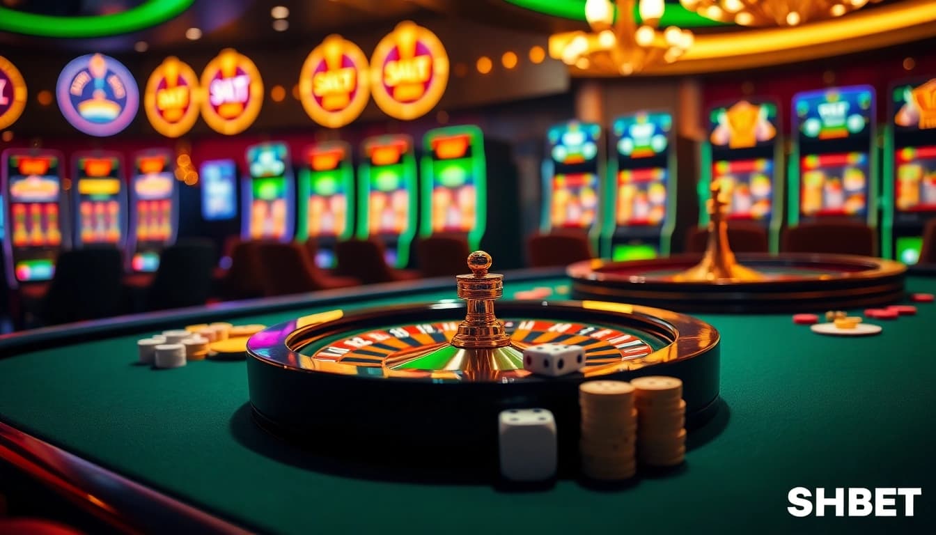 Experience the excitement of SHBET casino with vibrant tables, chips, and roulette wheels.