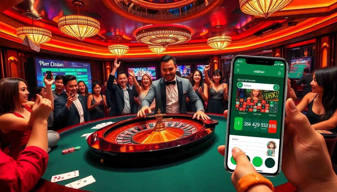 Experience the excitement of nk88 bet with a dynamic casino scene featuring a roulette table and enthusiastic players.
