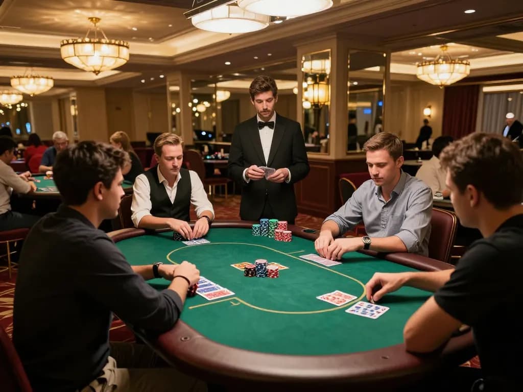 KJC players engaging in a thrilling poker game at a luxury casino table, showcasing vibrant action and opulent surroundings.