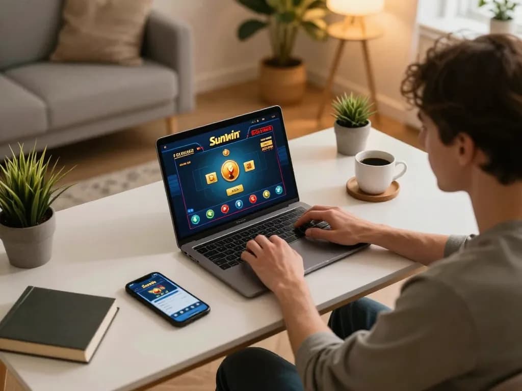 Engaging online gaming experience on Sunwin with a laptop and smartphone in a cozy setting