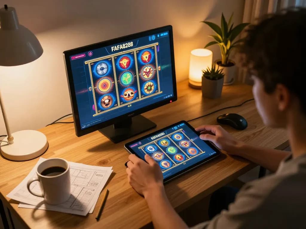 Player exploring FAFA828 online slots on a tablet in a cozy home setting.
