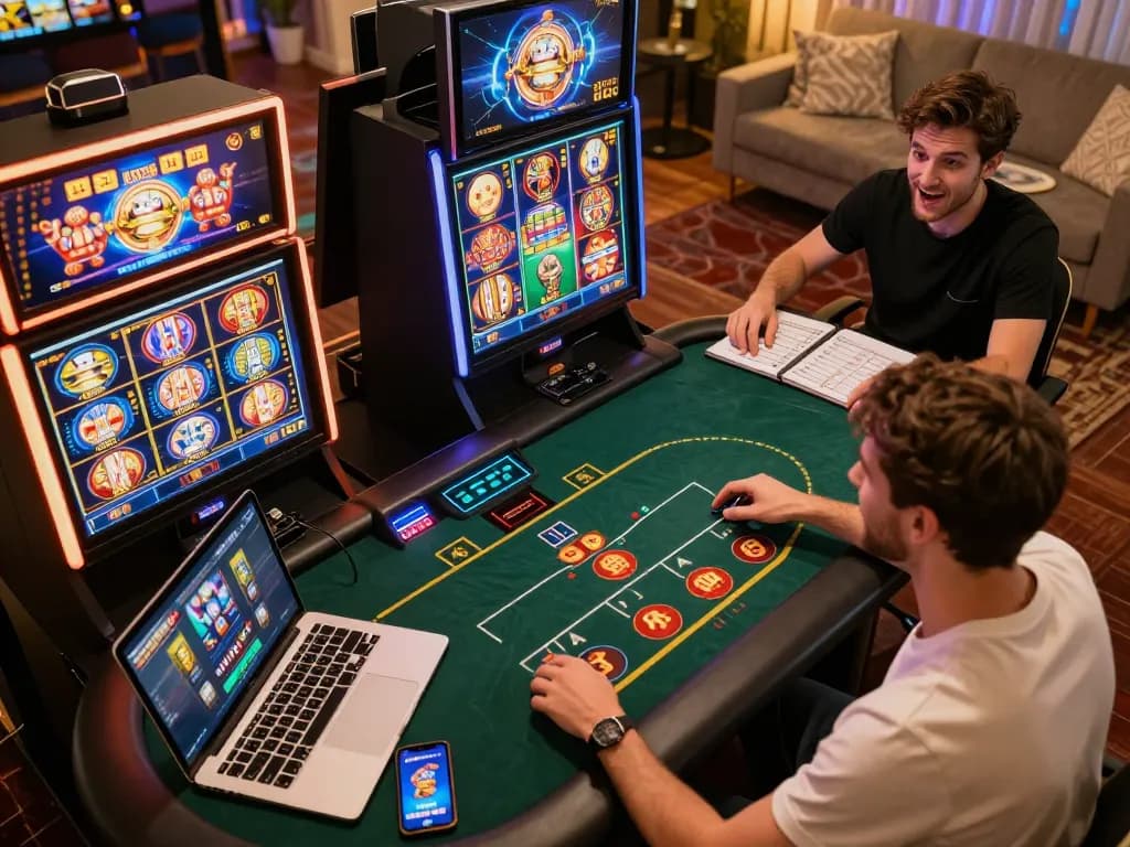 Pemain yang terlibat menikmati slot online HARGATOTO dan poker di lingkungan rumah yang nyaman.