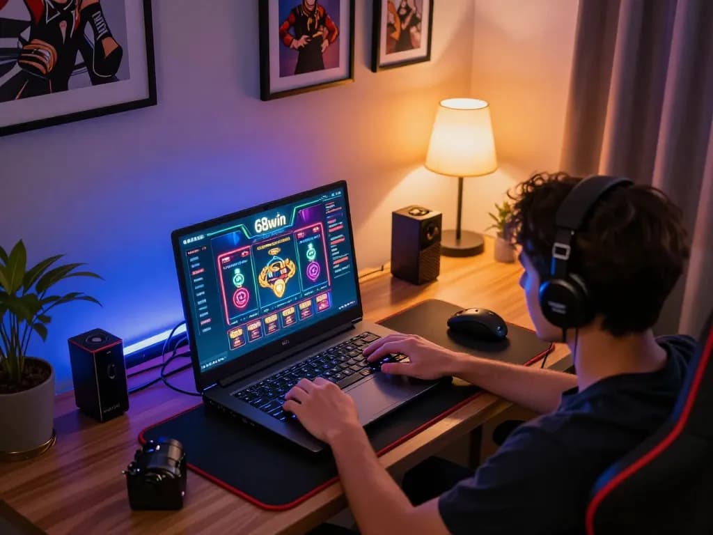Person engaging in an exciting online game at 68win, showcasing strategic play in a cozy atmosphere.