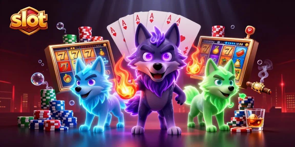 Permainan slot yang menarik dengan karakter serigala dan elemen kasino lainnya.