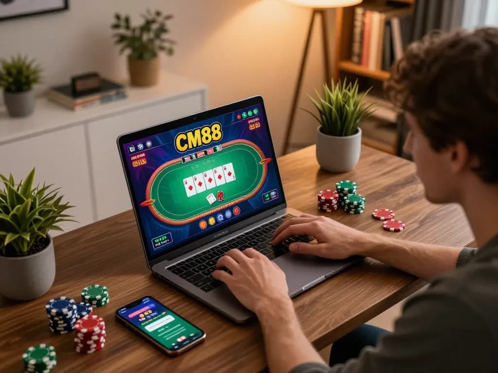 Experience online poker excitement at CM88 with a cozy home gaming setup featuring intense gameplay.