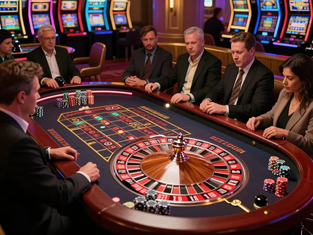 tg88 players watching the roulette wheel spin at an upscale casino, showcasing the thrill of live gaming action.