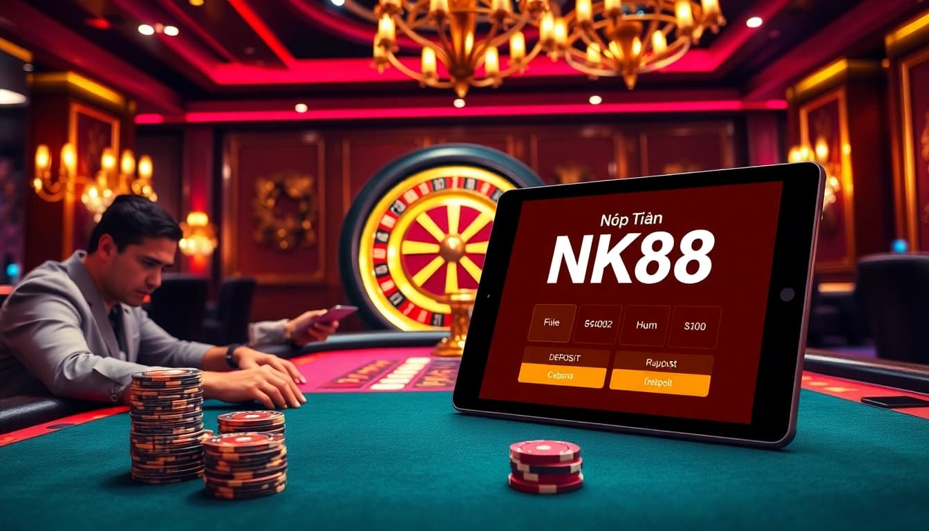 Nạp Tiền NK88 depicted through an exciting casino scene with a poker table and digital deposit interface.