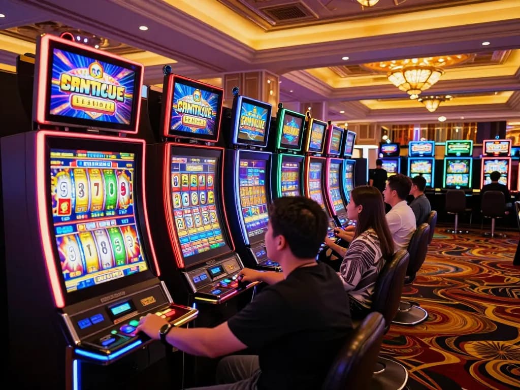 Excited players spinning slots at a lively casino with colorful machines.