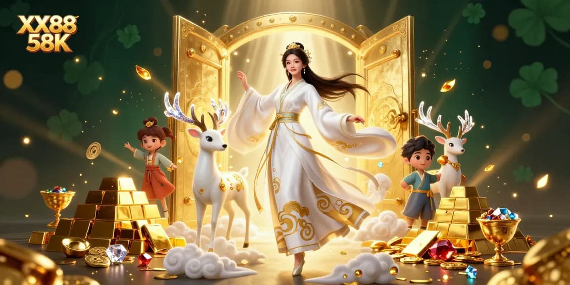 Experience thrilling wins at XX88 58K with an enchanting 3D illustration showcasing casino elements and gameplay.