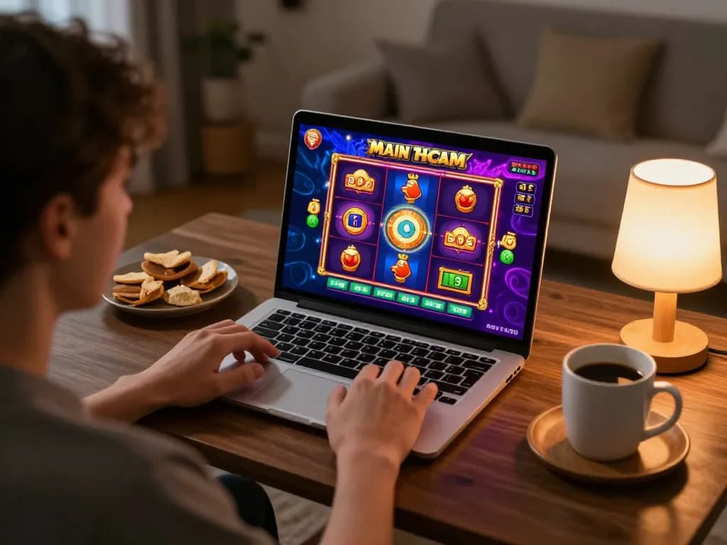 Player celebrating a win with bonus new member slot game on laptop in cozy home setting