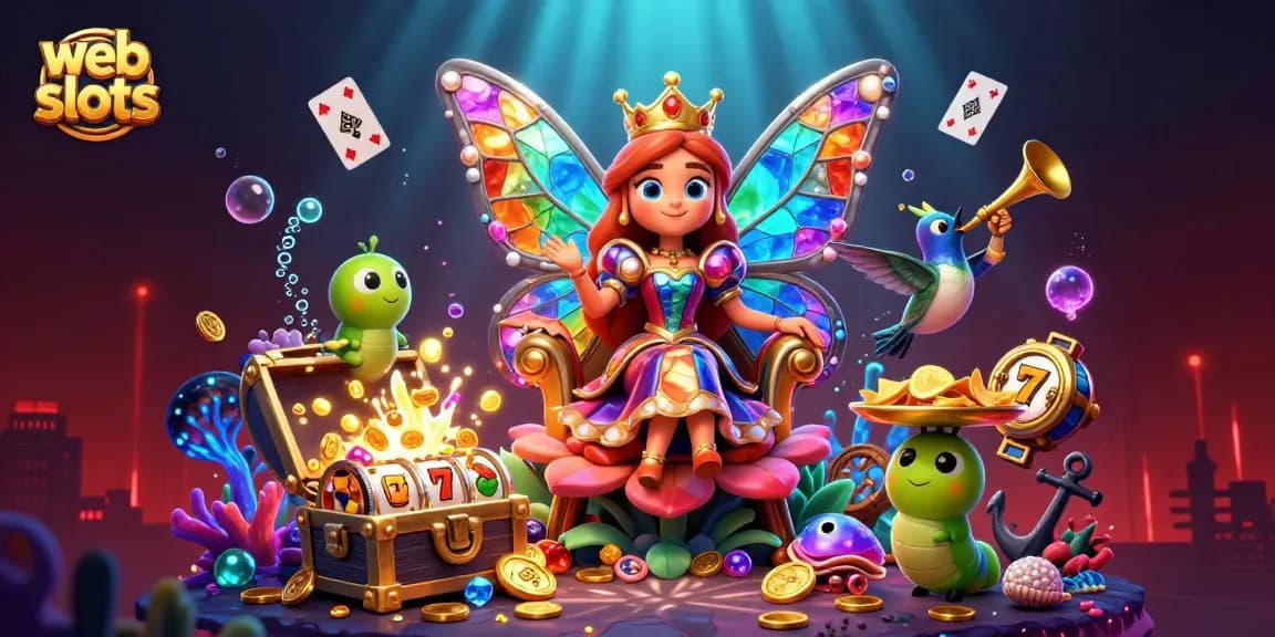 Spin vibrant web slots with colorful gems and animated casino elements in a magical scene.