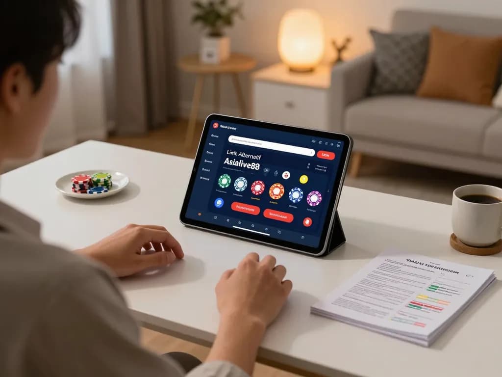 Engaging gameplay on Link Alternatif Asialive88 casino app at a stylish home desk, showing strategy notes and vibrant tablet interface