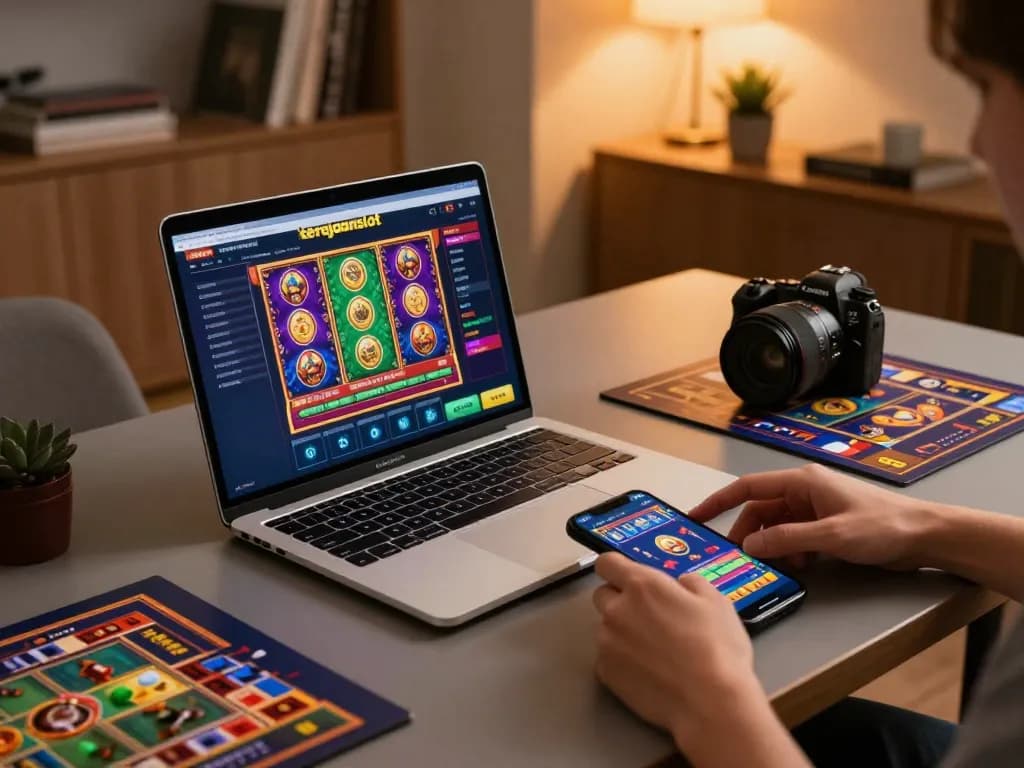 Engaging online gambling scene with kerajaanslot interface and mobile gaming setup focused on strategy.