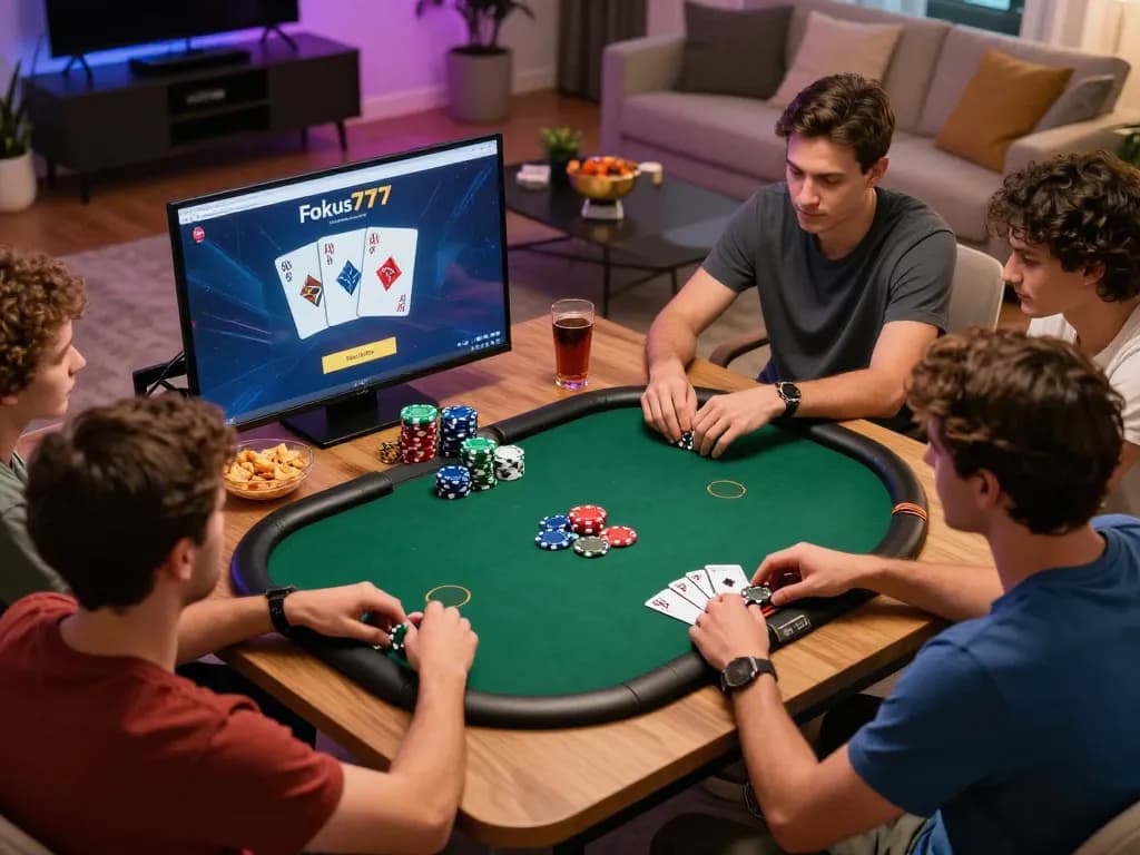 Engaging home gaming experience with Fokus777 login on the screen, friends discussing strategies at a cozy poker night